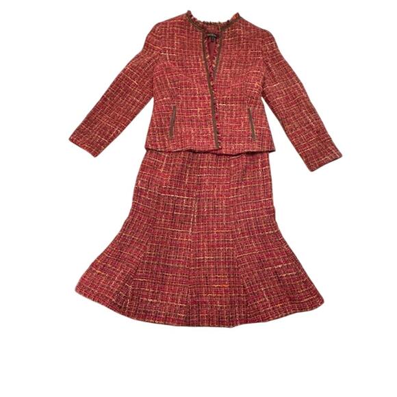 Tweed Burgundy Sz 4 Wool Blend Classic Fit Skirt Suit Acadamia Clueless Preppy - Picture 1 of 16